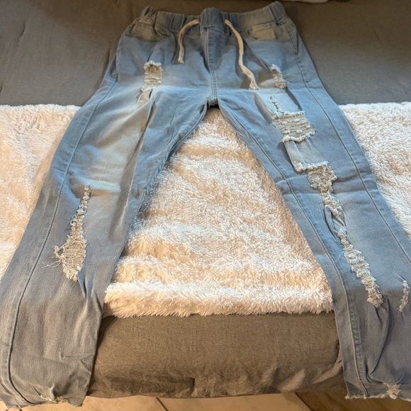 High Waist Skinny Stretch distressed pull on Jeans. Drawstring Elastic Waist. - Picture 3 of 6